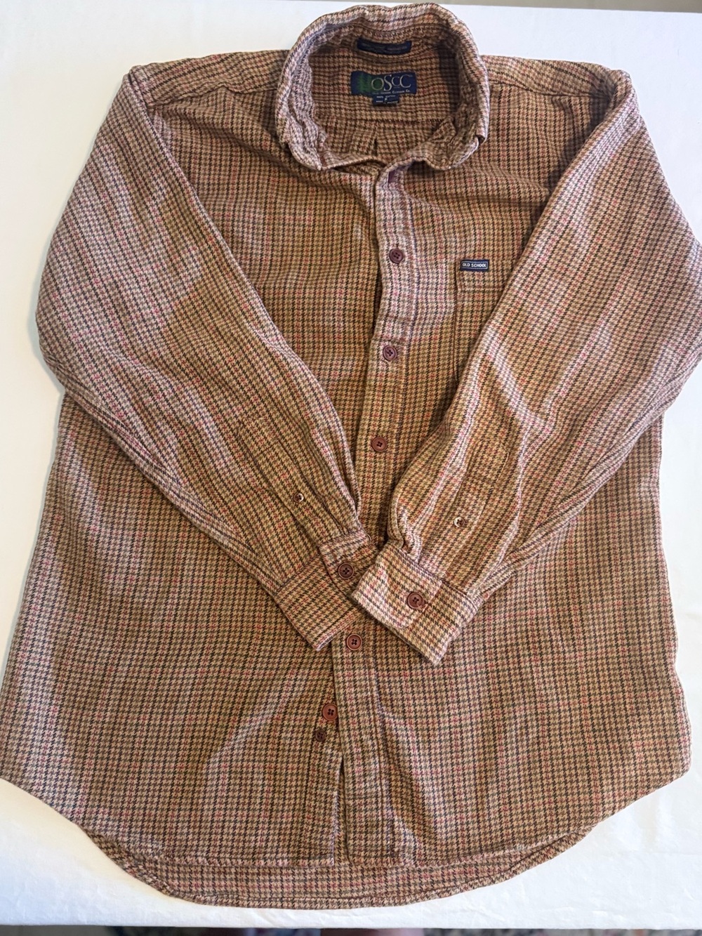 Men's Old School Brown Check Flannel Long-Sleeve Button-Up Shirt Sz Medium